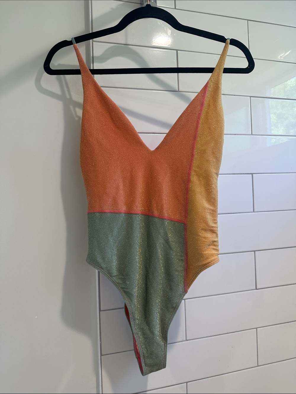 O’Neill Colorblock Shimmery One-Piece Swimsuit - Orange, Yellow & Green Size M